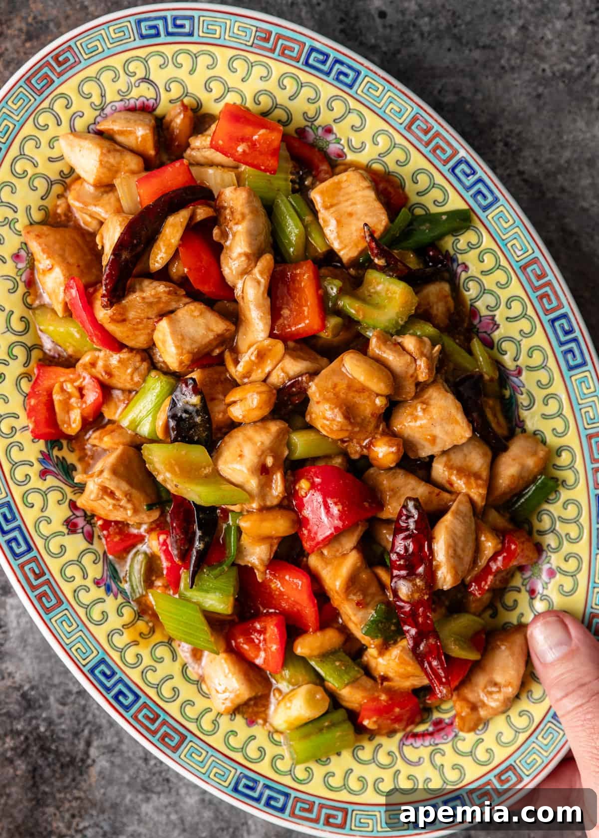 overhead: a hand holding a colorful ceramic plate of kung pao chicken
