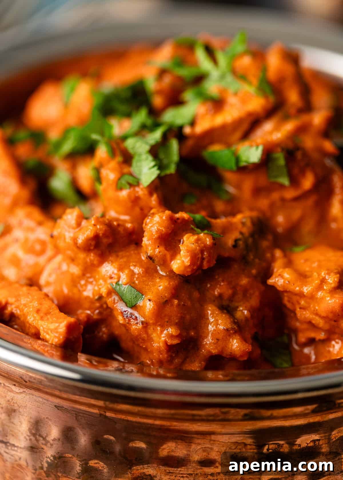 extreme closeup: chicken tikka with sauce and fresh herbs showing