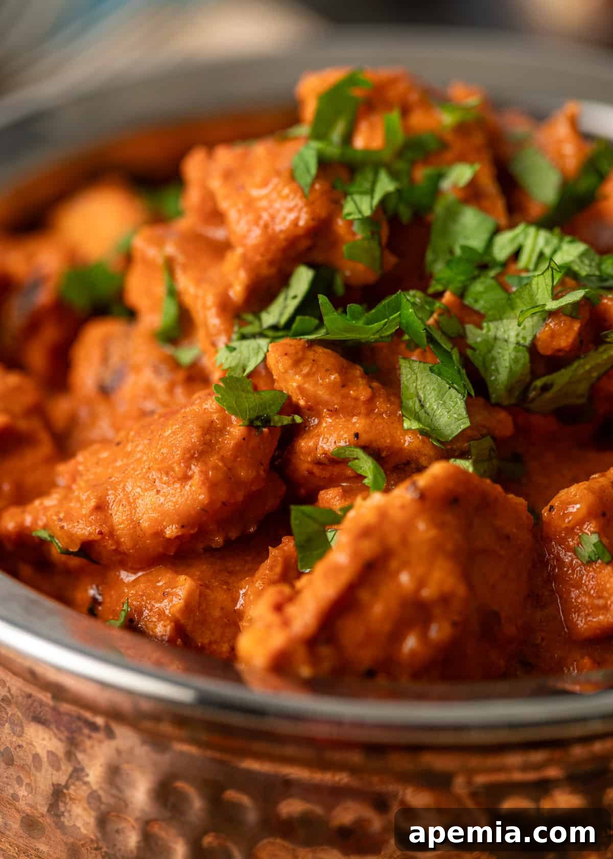 extreme closeup: chicken tikka masala with fresh cut herbs on top