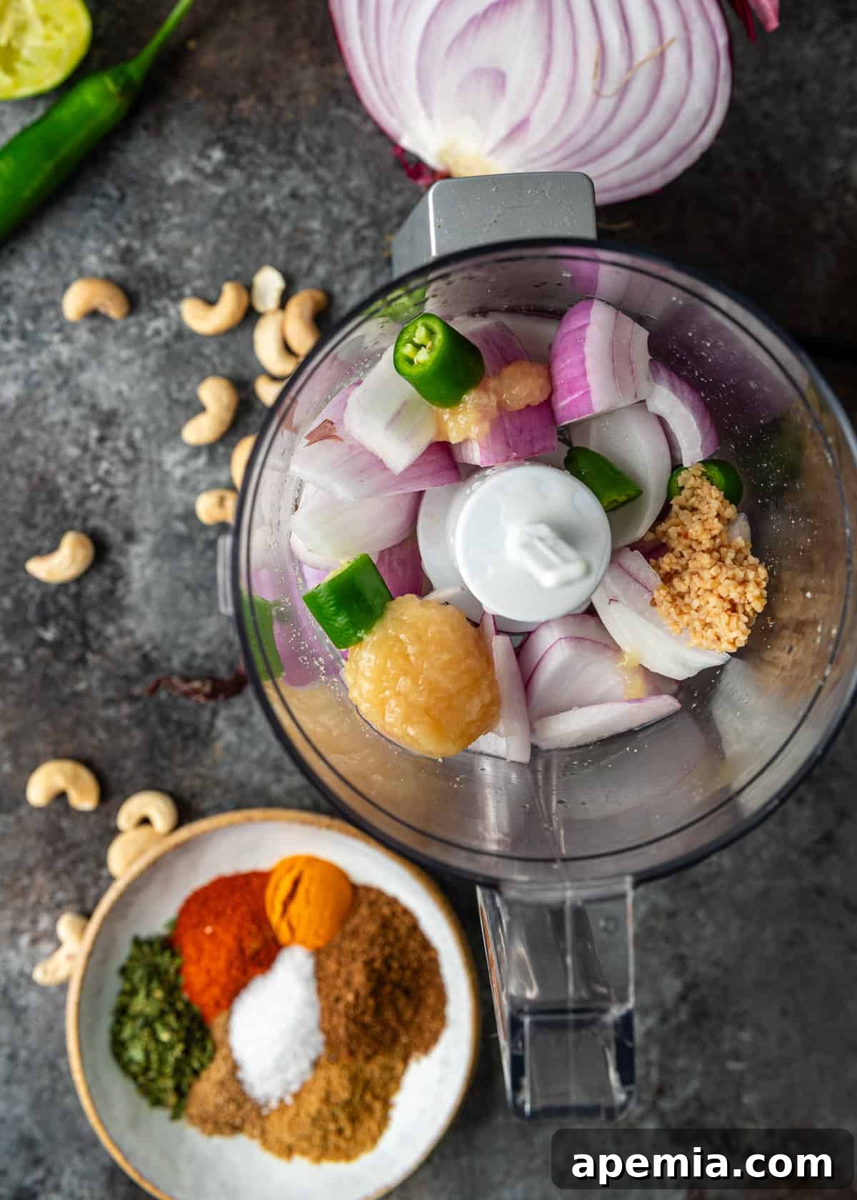 overhead: marinade ingredients in a blender