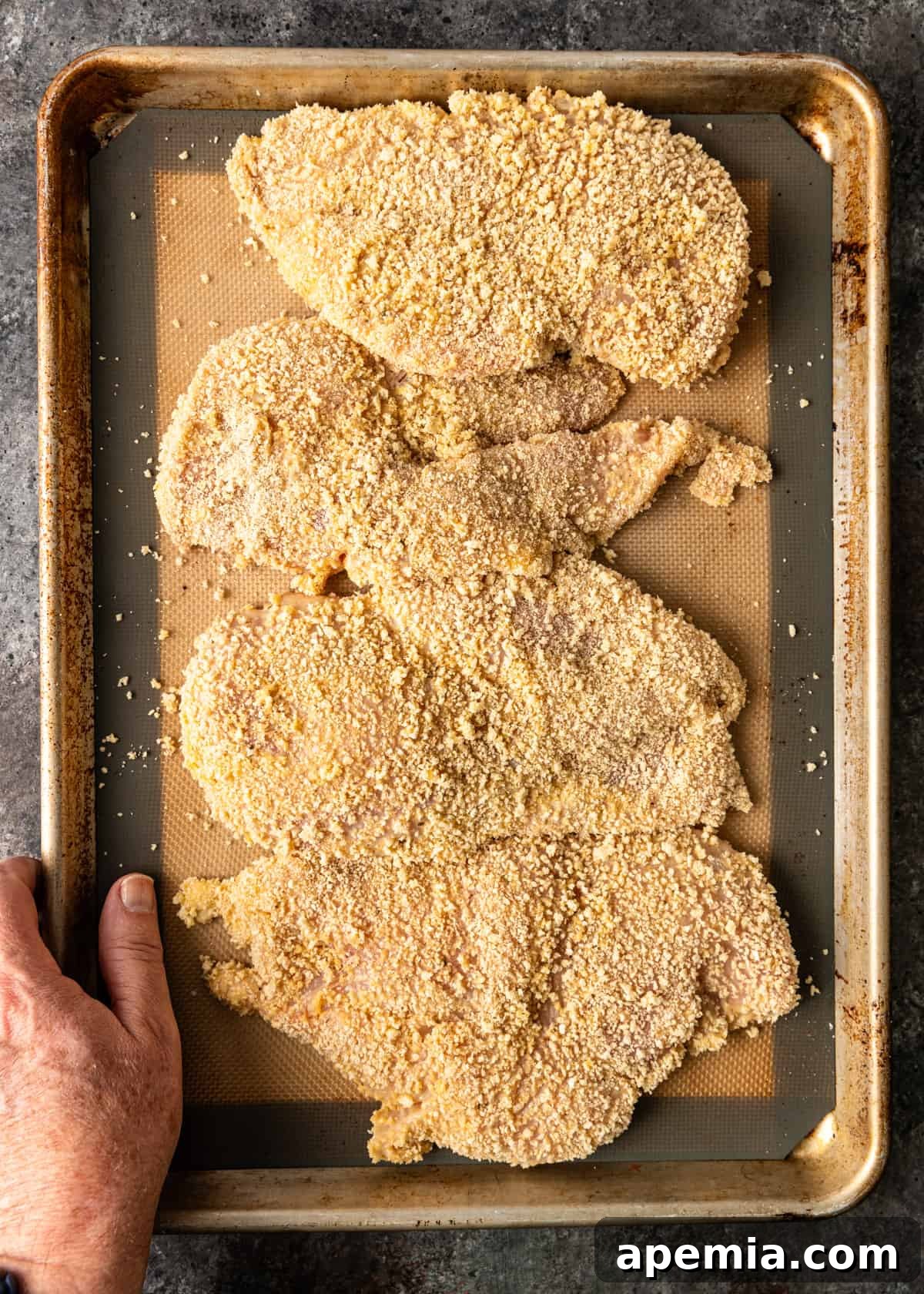 overhead: breaded chicken breasts on a baking sheet