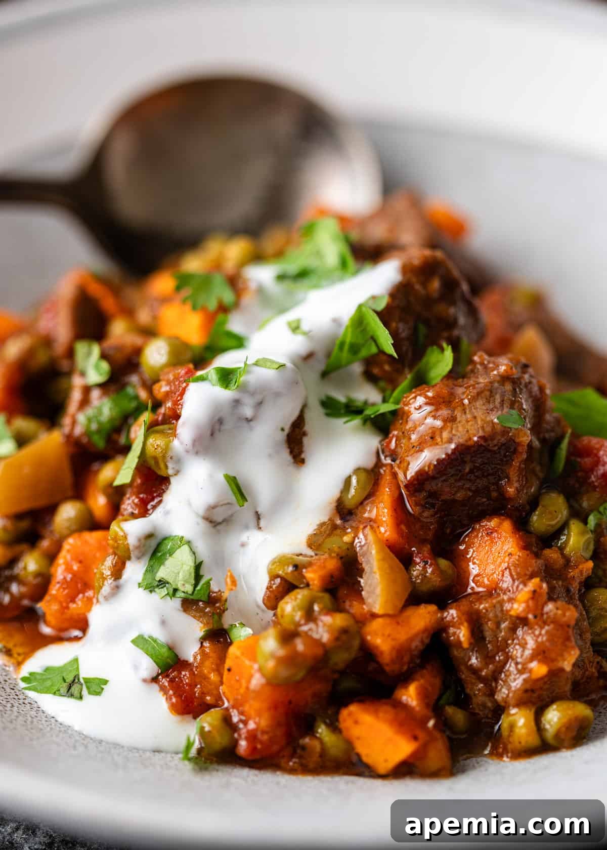 Spiced Beef and Sweet Potato Tagine 11 Close-up of beef tagine with sweet potatoes and peas, served in a white bowl and garnished with fresh cilantro and a dollop of white sauce, ready to be enjoyed.