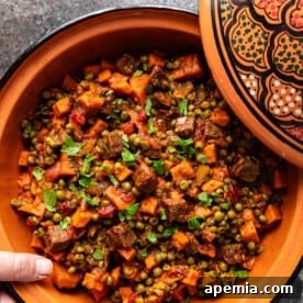 A delicious bowl of Moroccan Beef Tagine with sweet potatoes, garnished with fresh herbs, ready to be served.