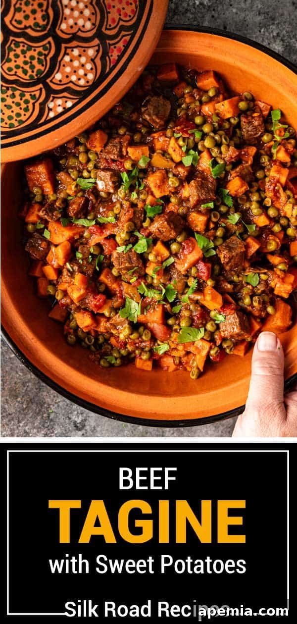 Spiced Beef and Sweet Potato Tagine 13 Large, appealing image of beef tagine with sweet potatoes in a traditional serving dish, emphasizing its rich texture and vibrant colors.