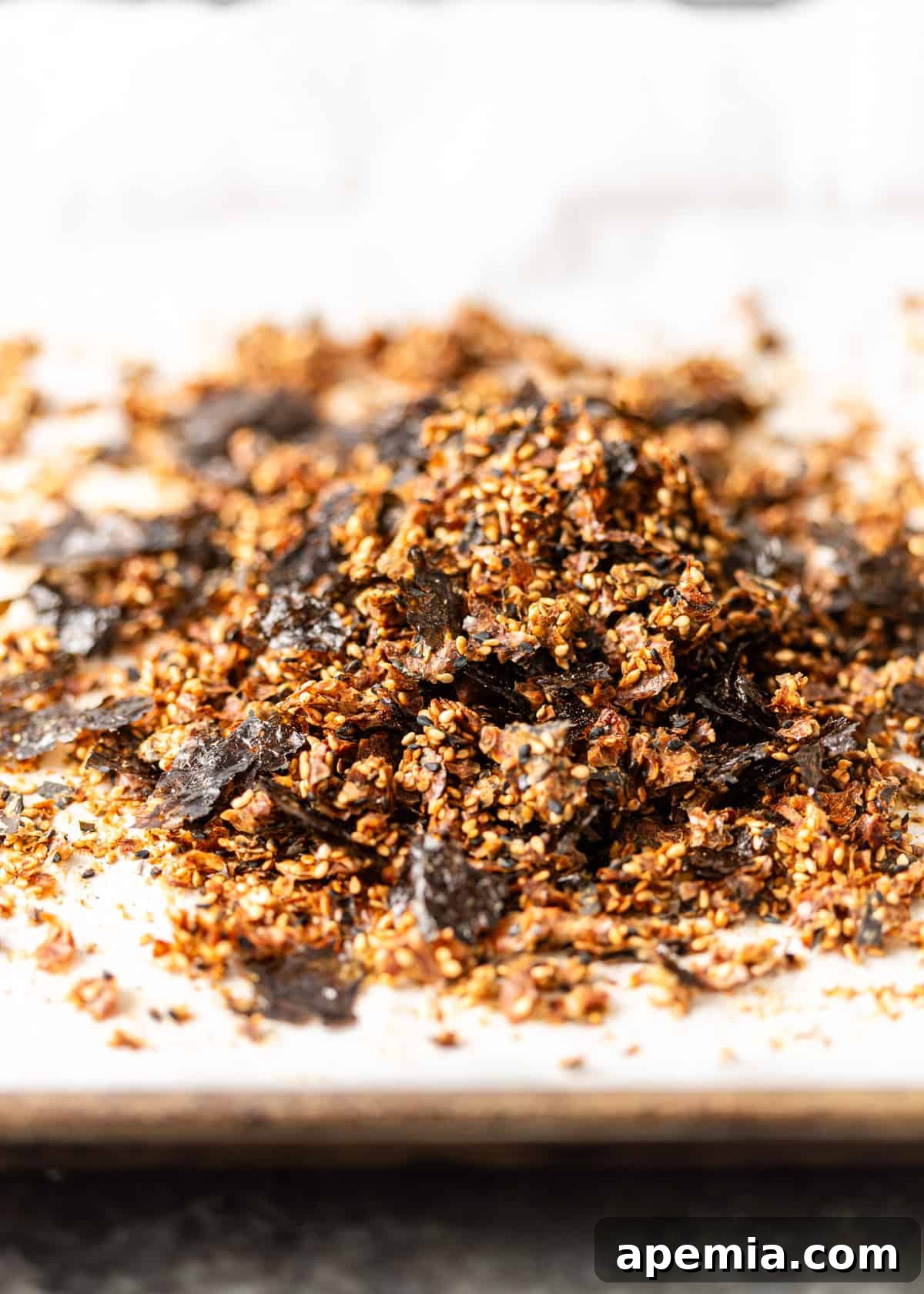 closeup: furikake on a baking sheet after cooking