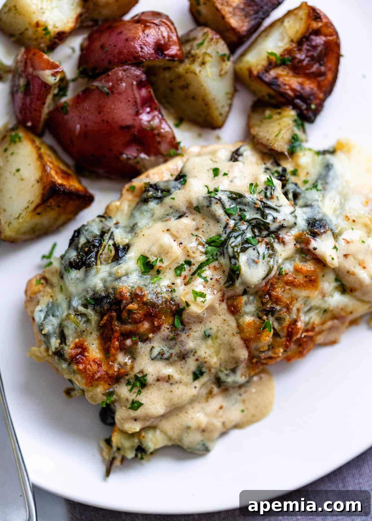 overhead: chicken florentine on a plate with roasted potatoes