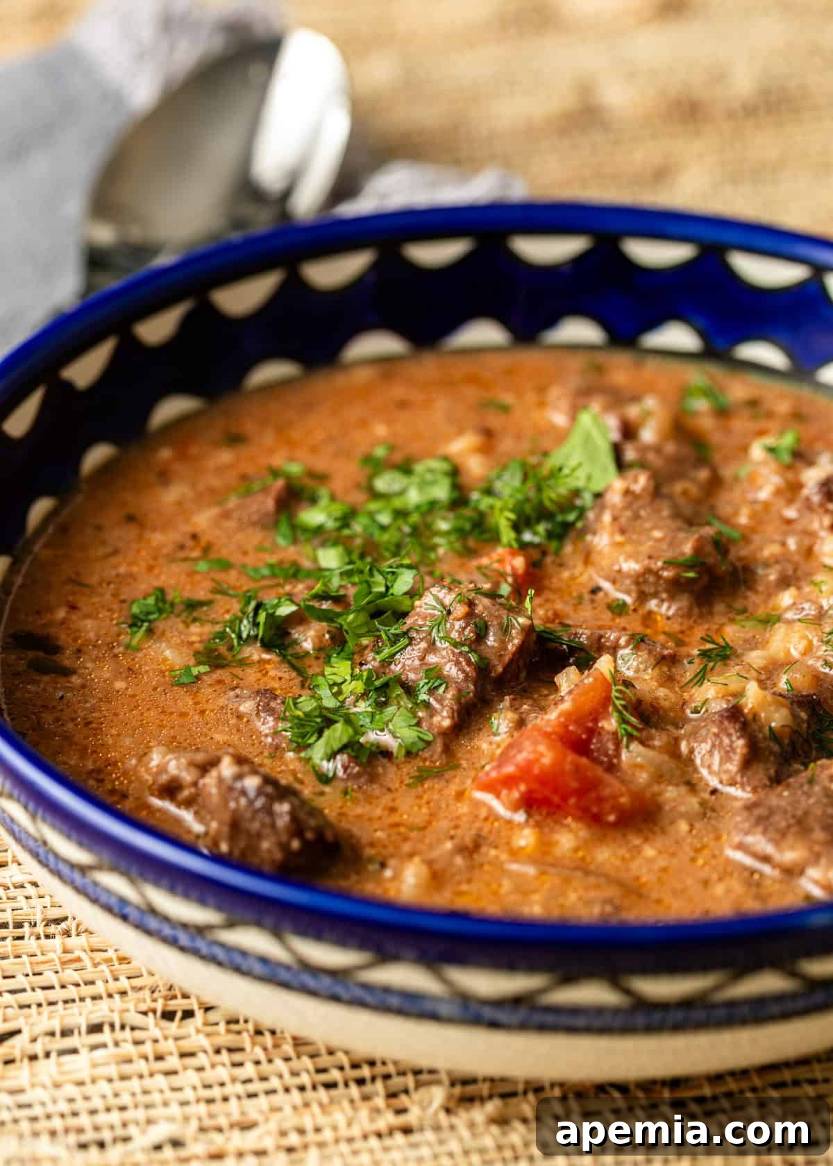 closeup side view: ready to eat blue bowl of Georgian beef soup