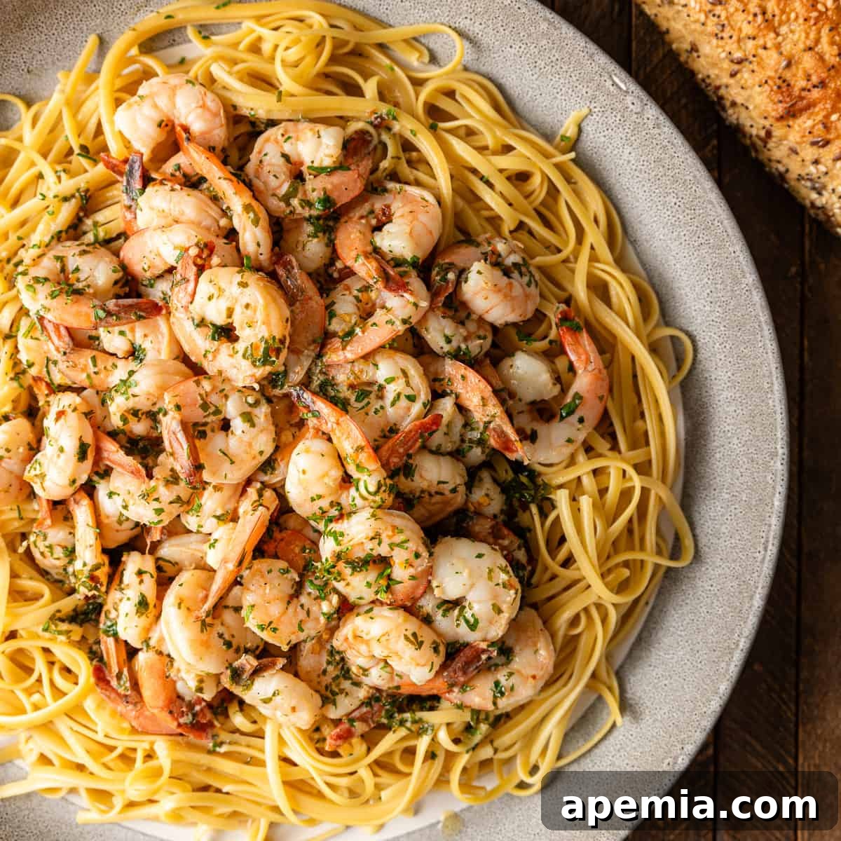 overhead: a heaping plate of shrimp scampi pasta
