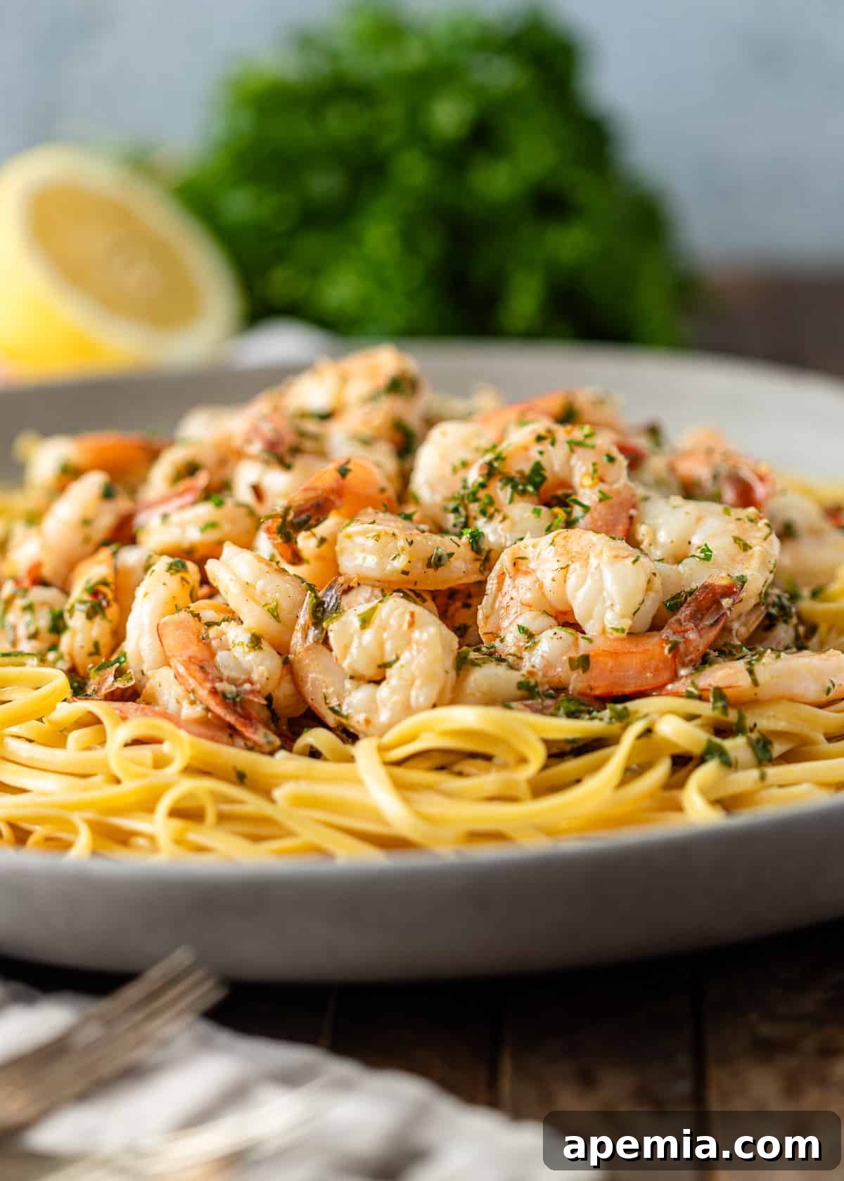 side view: shrimp scampi over linguine with herbs showing