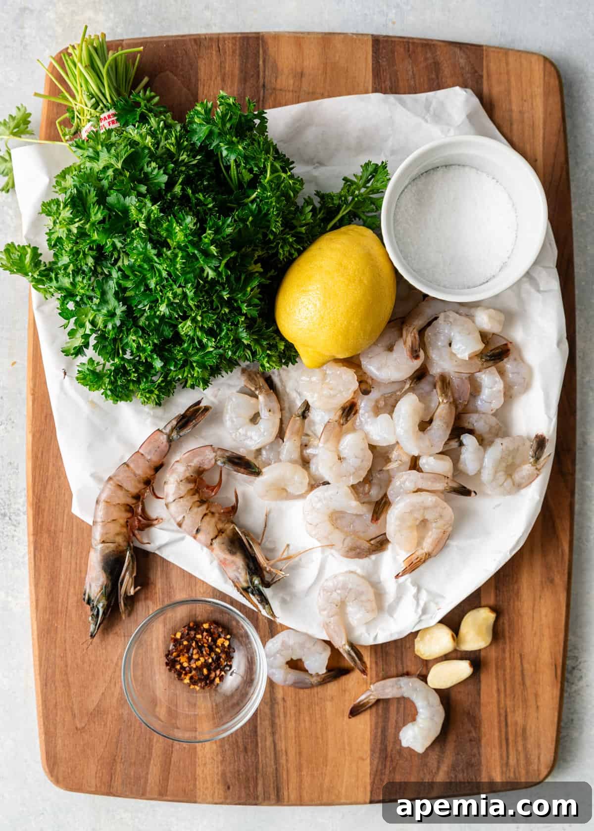 overhead: ingredients needed for my shrimp scampi recipe