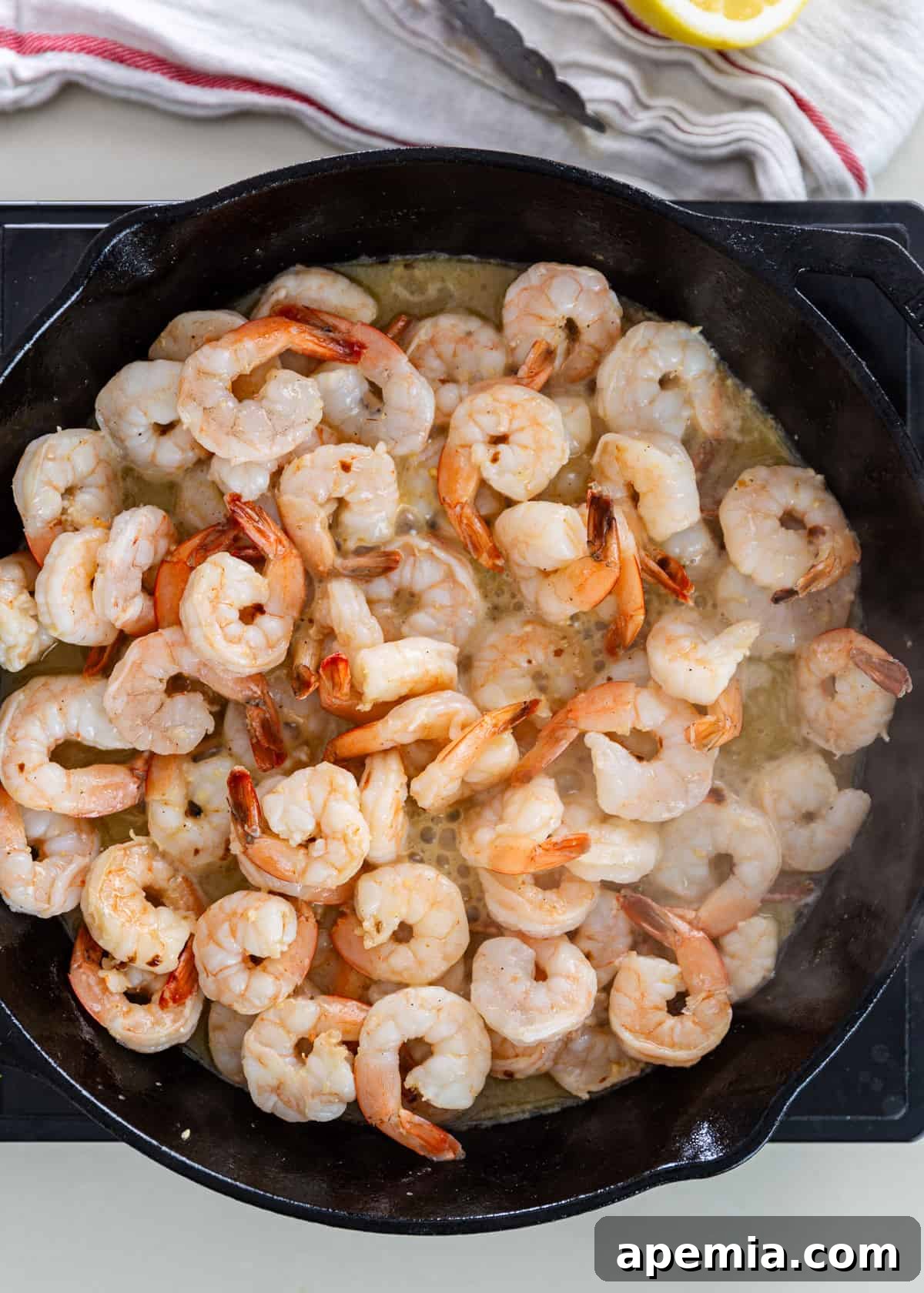 overhead: cooked shrimp for shrimp scampi pasta