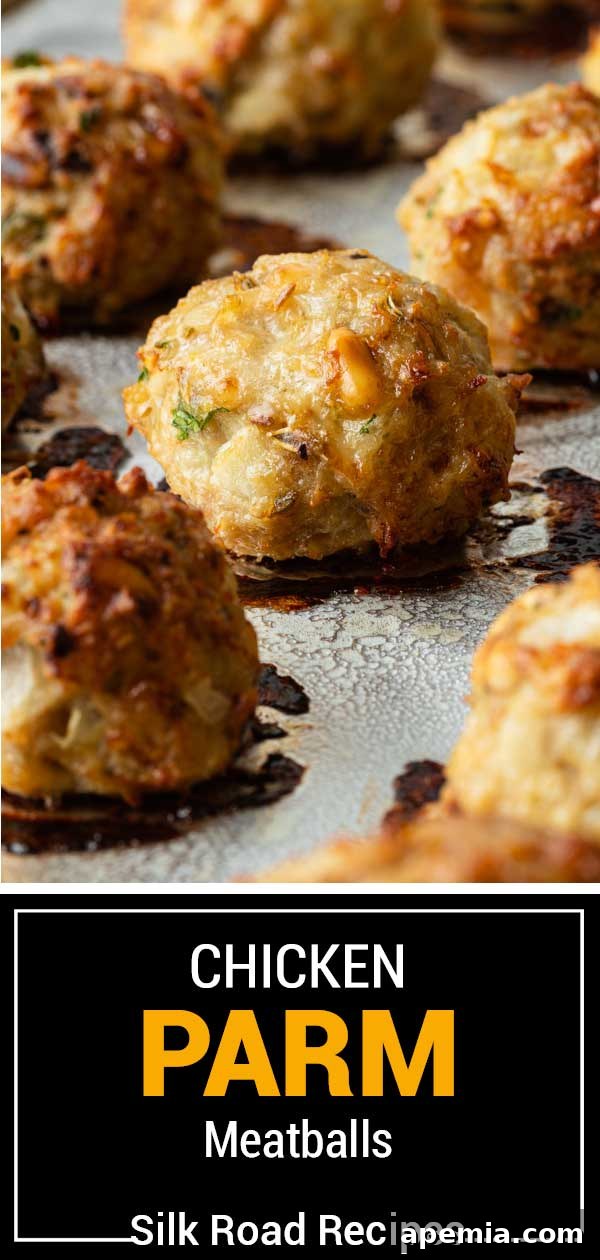 Titled image showing a serving of chicken parm meatballs on a plate.