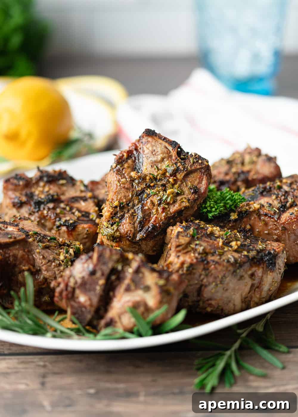 side view: lamb loin chops on a serving platter, beautifully presented