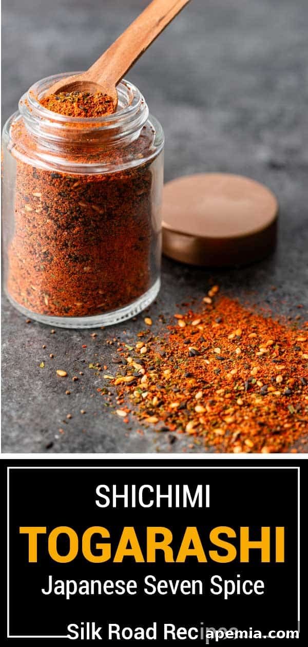 Large, eye-catching titled image displaying a jar of Shichimi Togarashi Japanese seven spice blend with an overlay describing its homemade goodness.