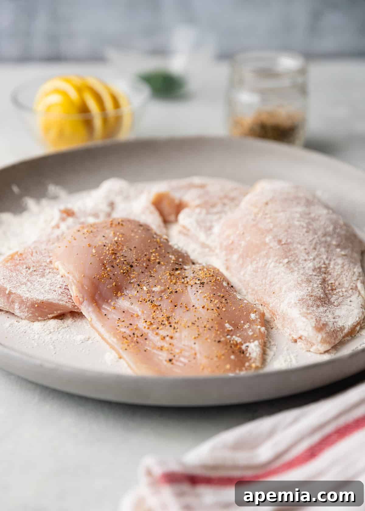 Zesty Lemon Caper Chicken 4 Hands seasoning and breading thin chicken breasts on a cutting board, preparing them for the chicken piccata recipe.