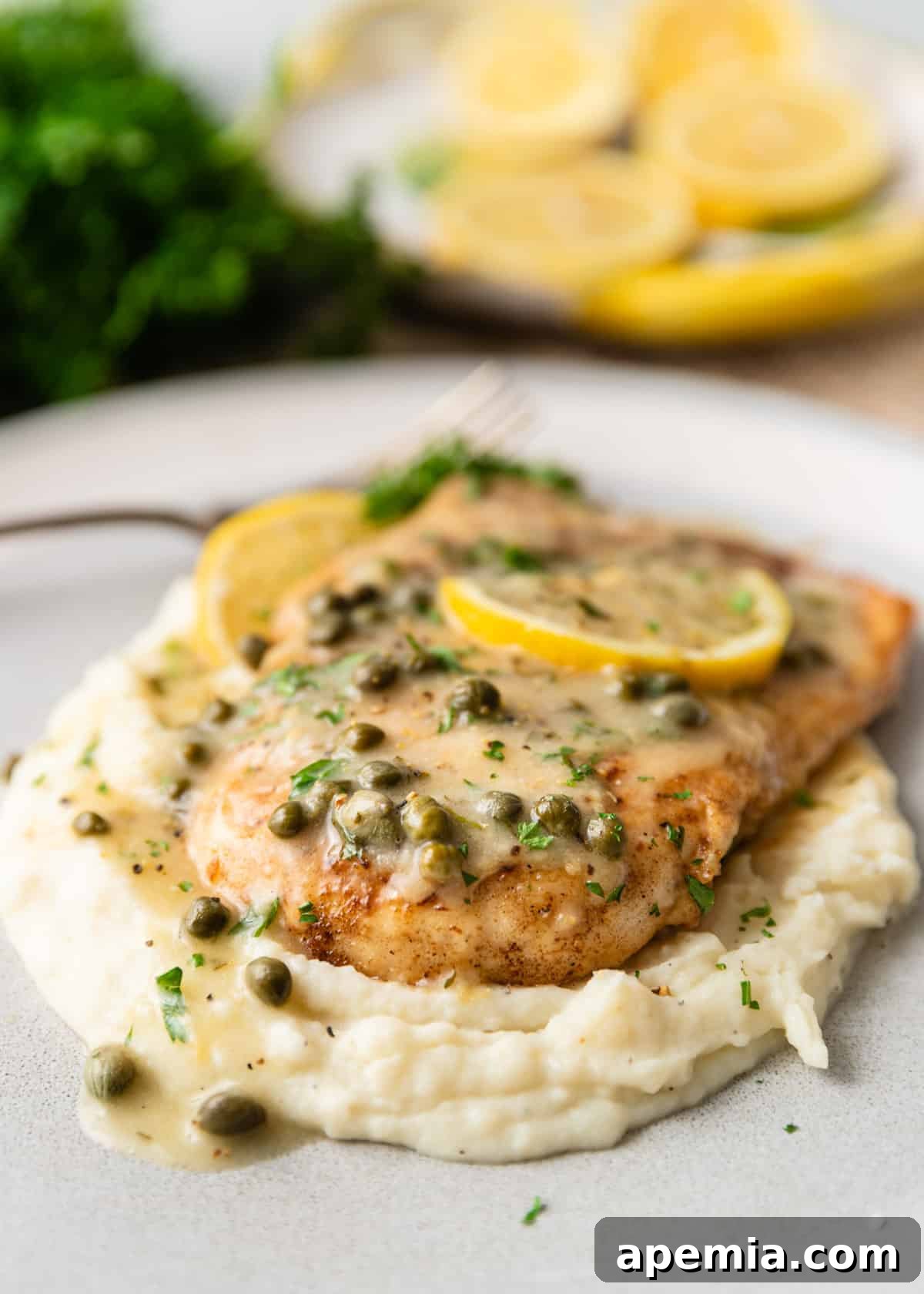 Zesty Lemon Caper Chicken 8 A vibrant plate of chicken piccata served over mashed potatoes, showcasing the rich caper and lemon sauce and fresh parsley garnish.