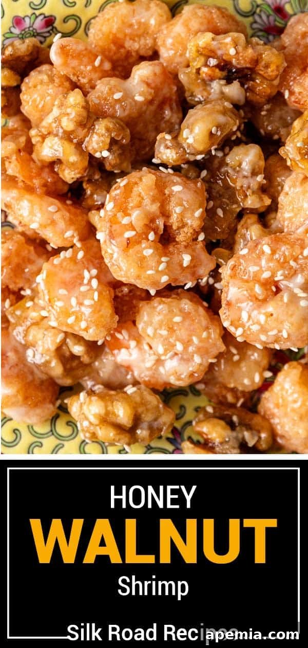 Golden Honey Walnut Shrimp 14 A beautifully presented, vertically oriented image of the finished honey walnut shrimp dish, titled 'Honey Walnut Shrimp'.