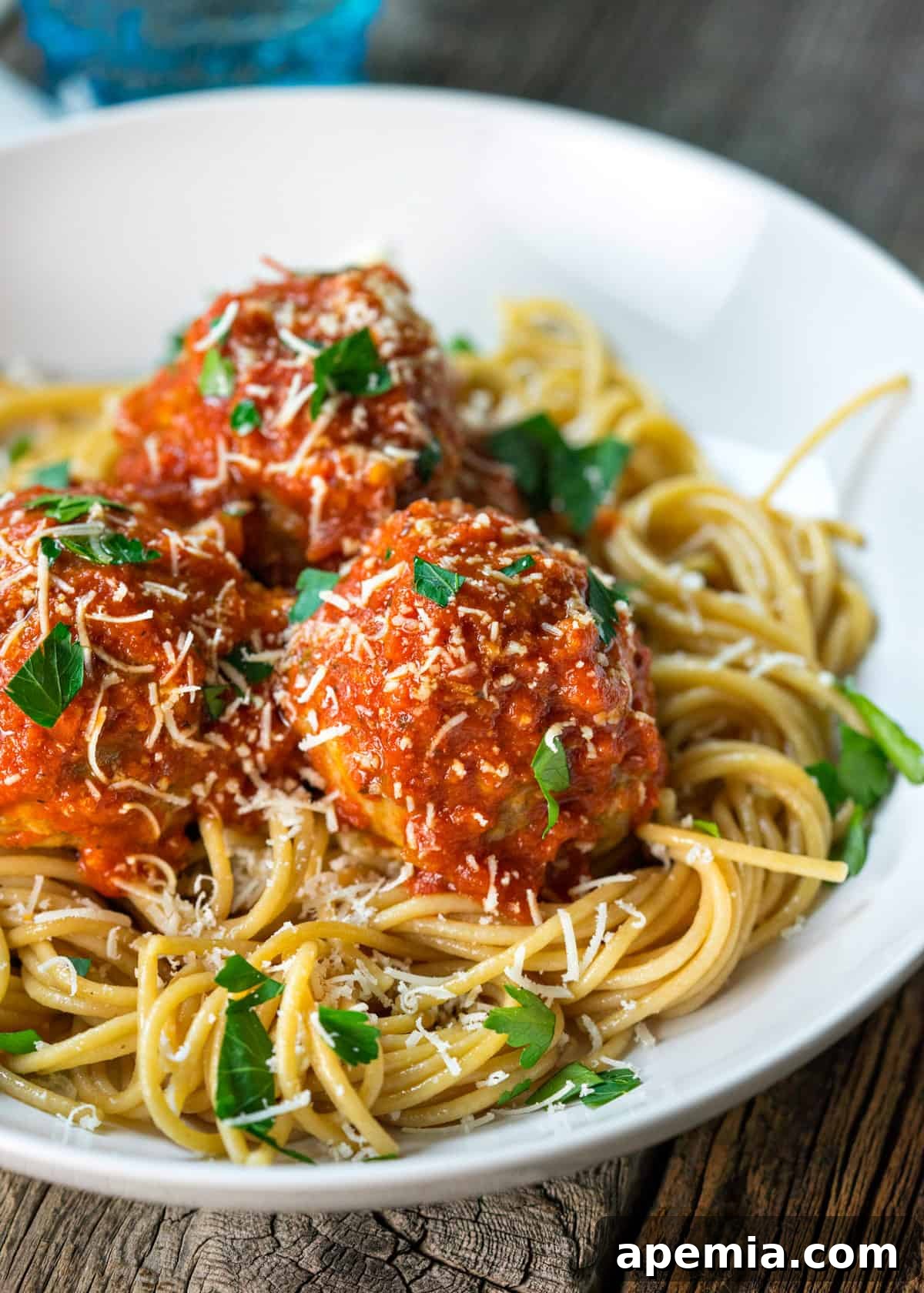 Closeup: Roman style meatballs with golden raisins, served in a rich sauce over spaghetti, garnished with fresh herbs.