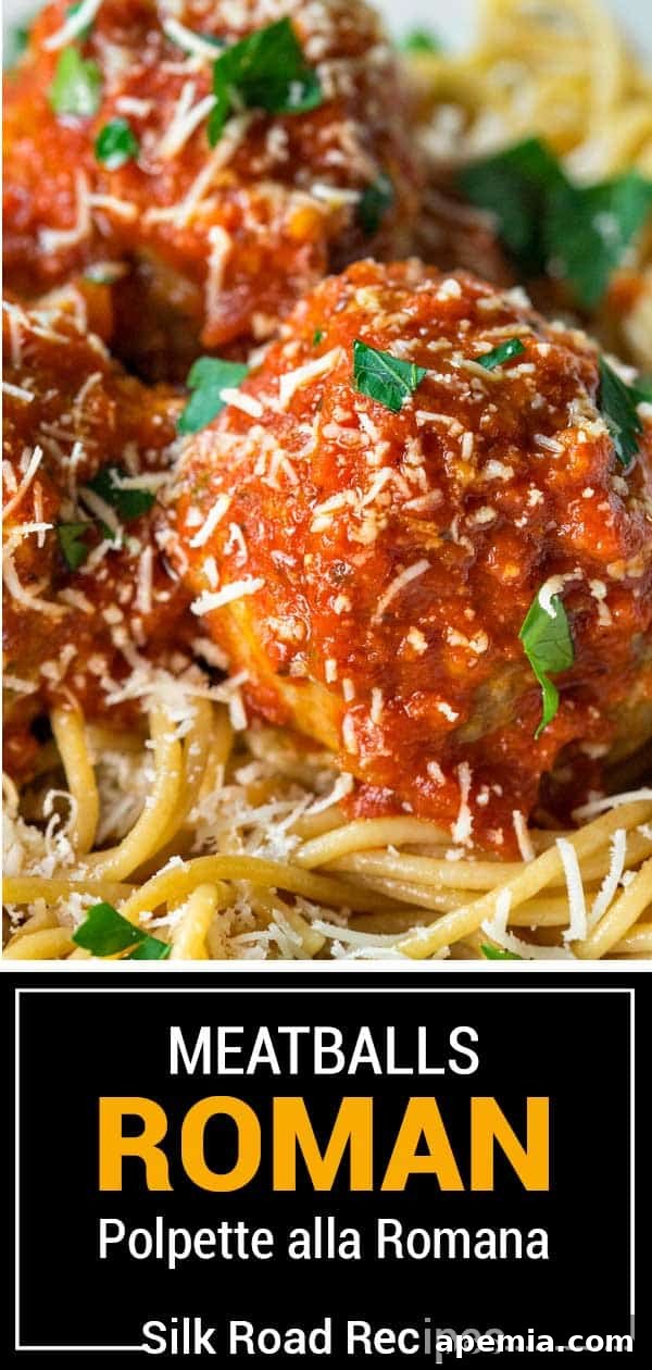 Titled image showing 'Meatballs Roman Polpette alla Romana' with a delicious serving of the dish.