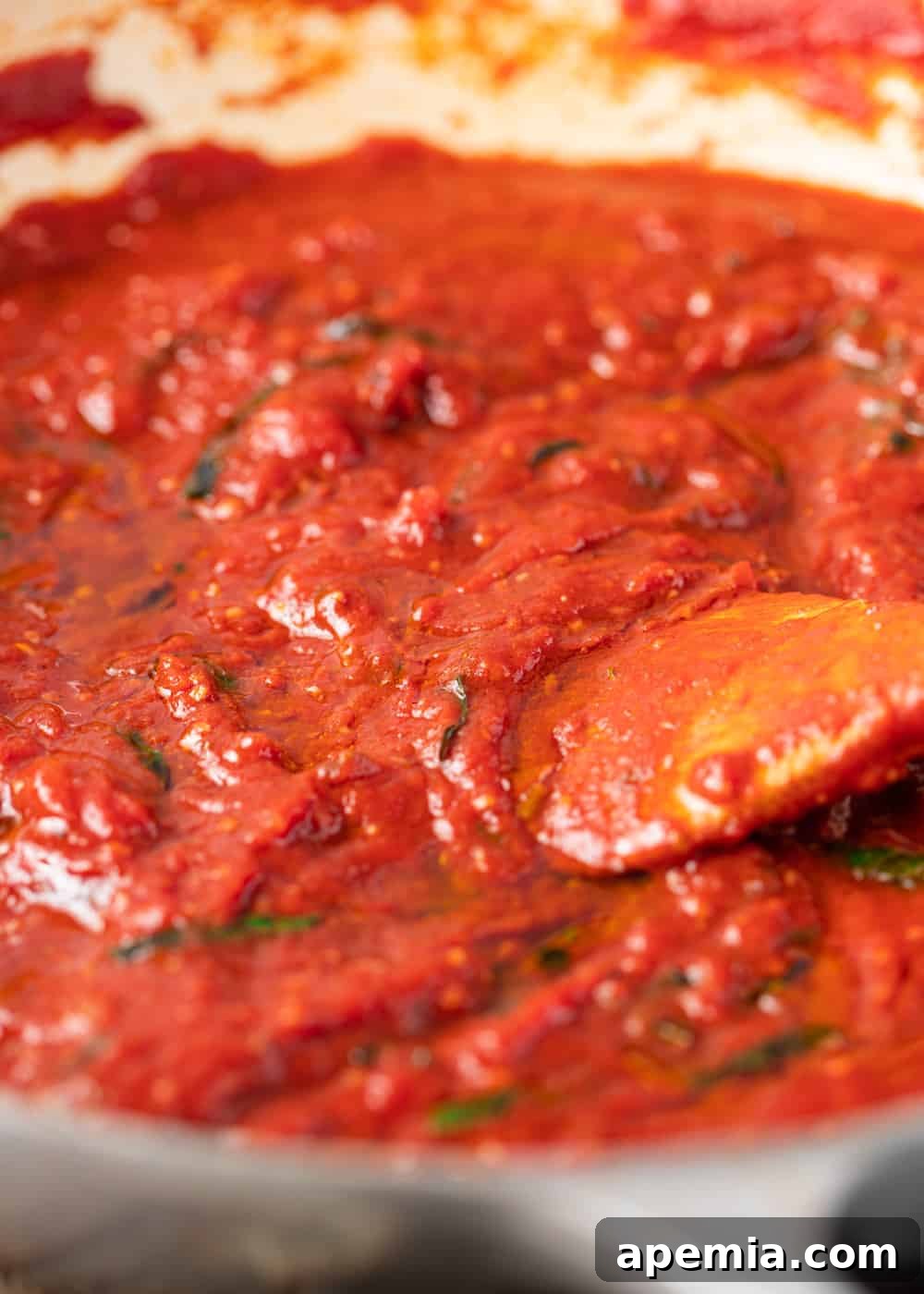 closeup: spicy arrabiata sauce with a wooden spoon