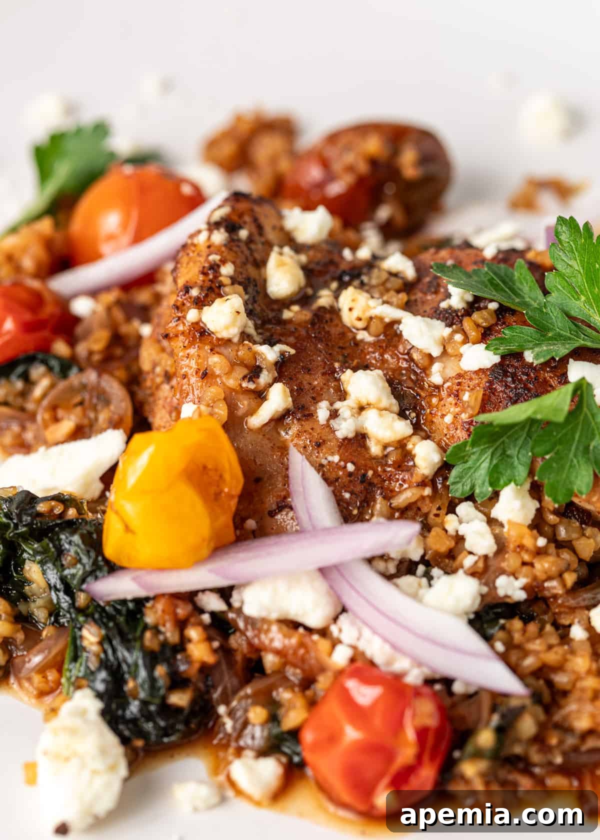 Close-up of Turkish chicken on a plate, highlighting the tender chicken, vibrant tomatoes, and creamy feta cheese, perfectly cooked and ready to eat.