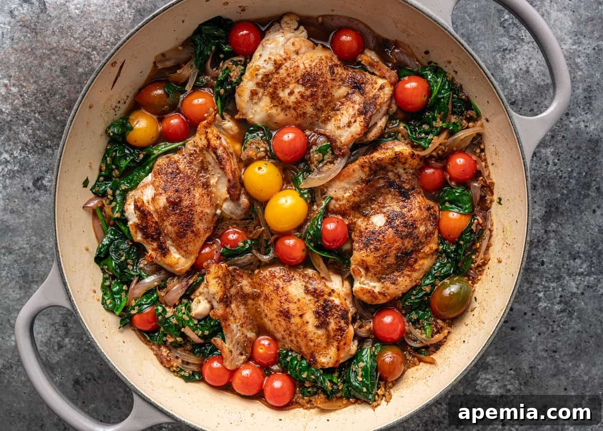 Overhead shot of the finished Turkish chicken recipe served directly from the pot, garnished with fresh herbs and crumbled feta cheese.