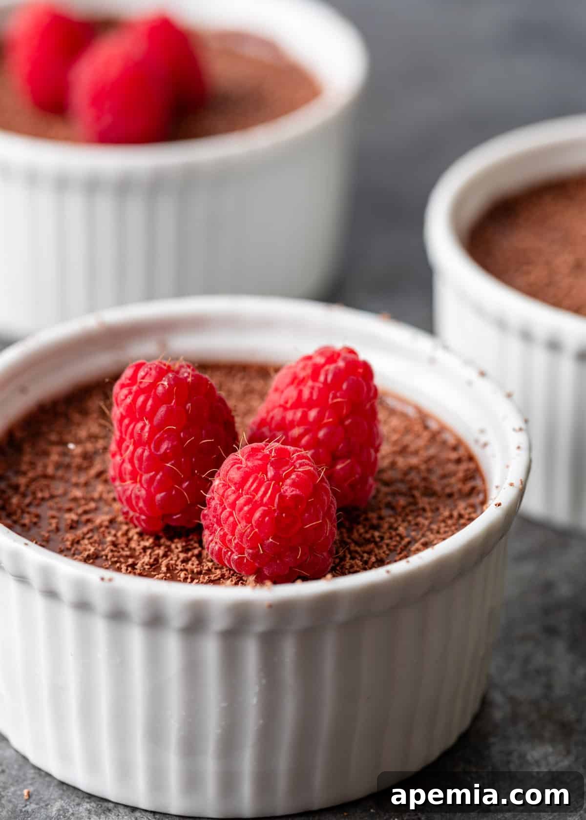 Decadent Chocolate Pots de Crème 7 closeup: a rich chocolate pot de creme elegantly topped with fresh, vibrant raspberries, perfectly contrasting the dark chocolate for a gourmet experience