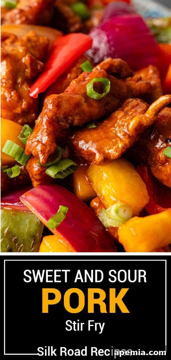 titled image (and shown): large serving of crispy sweet and sour pork stir fry