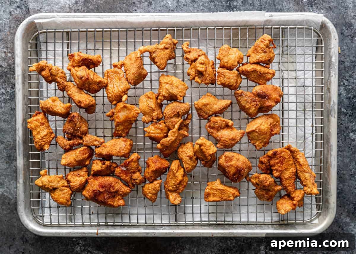 overhead: freshly fried crispy pork pieces cooling on a wire rack to maintain crispiness