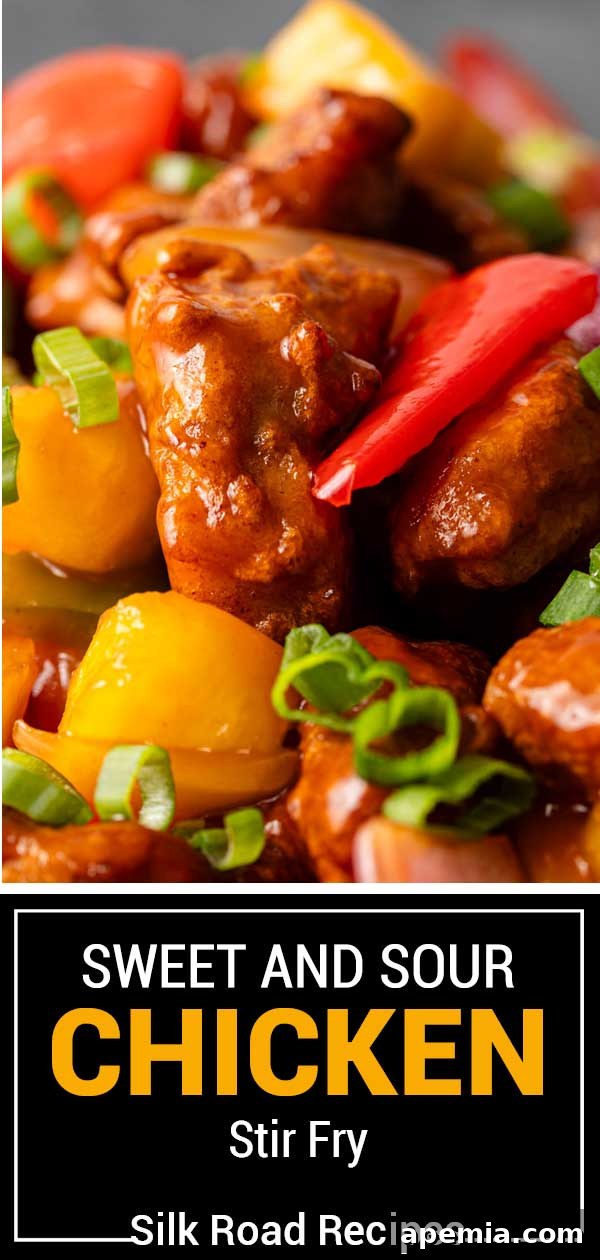 Titled image showing the delicious sweet and sour chicken stir-fry ready to be served.