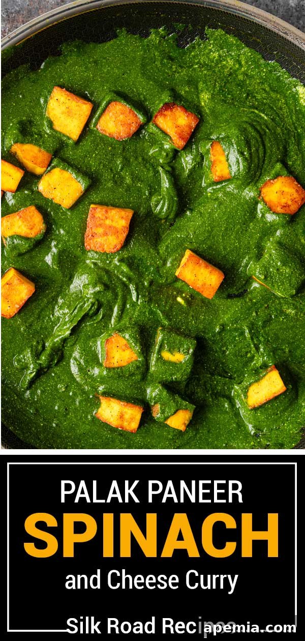Palak Paneer Creamy Spinach and Indian Cheese Curry 13 A vibrant, vertically-oriented image titled 'Palak Paneer Spinach and Cheese Curry', showcasing the final dish in a serving bowl, perfect for sharing on social media and Pinterest.