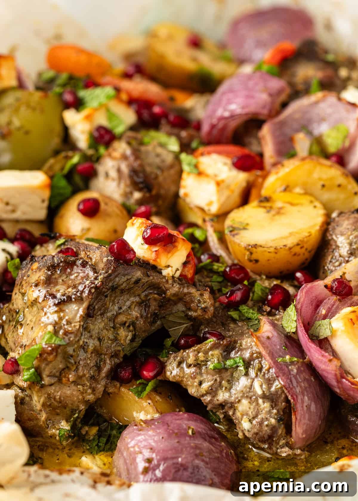 Closeup shot of lamb in parchment after roasting, garnished with fresh pomegranate seeds and parsley