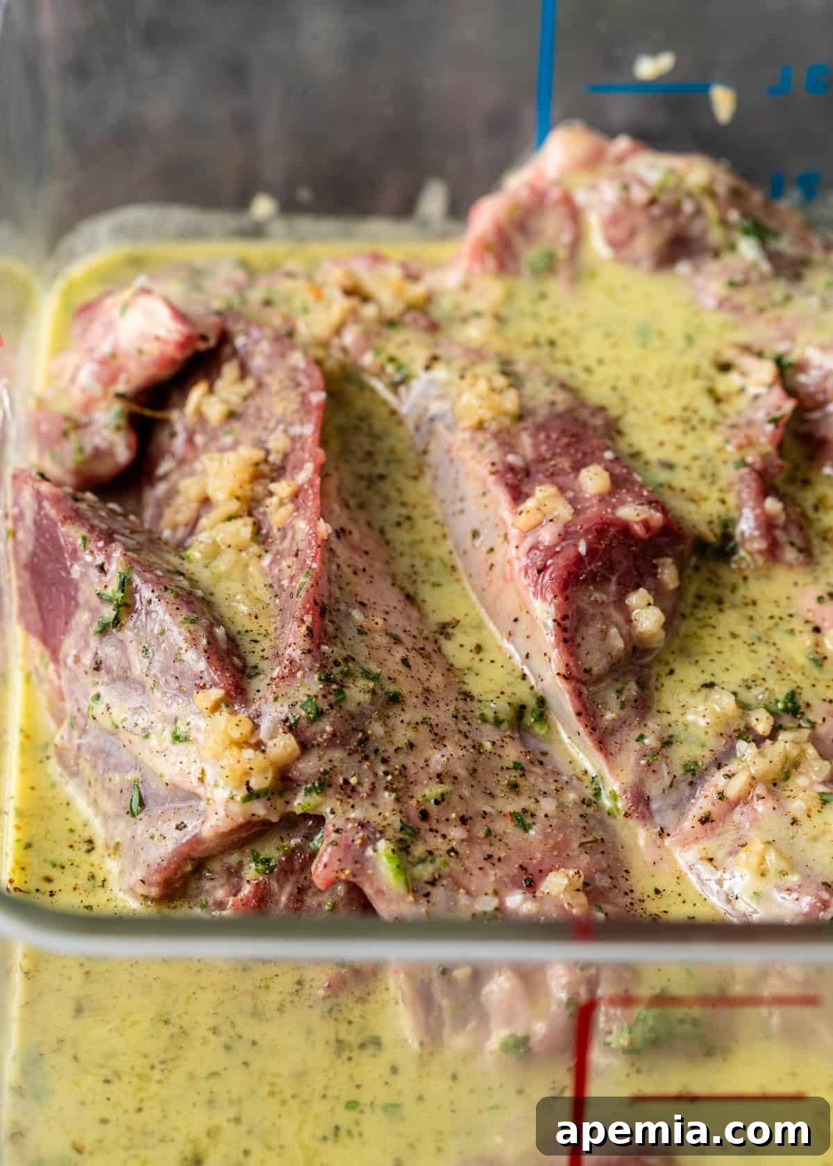 Close up view of Greek lamb marinating in a bowl, coated in a rich herb and spice blend