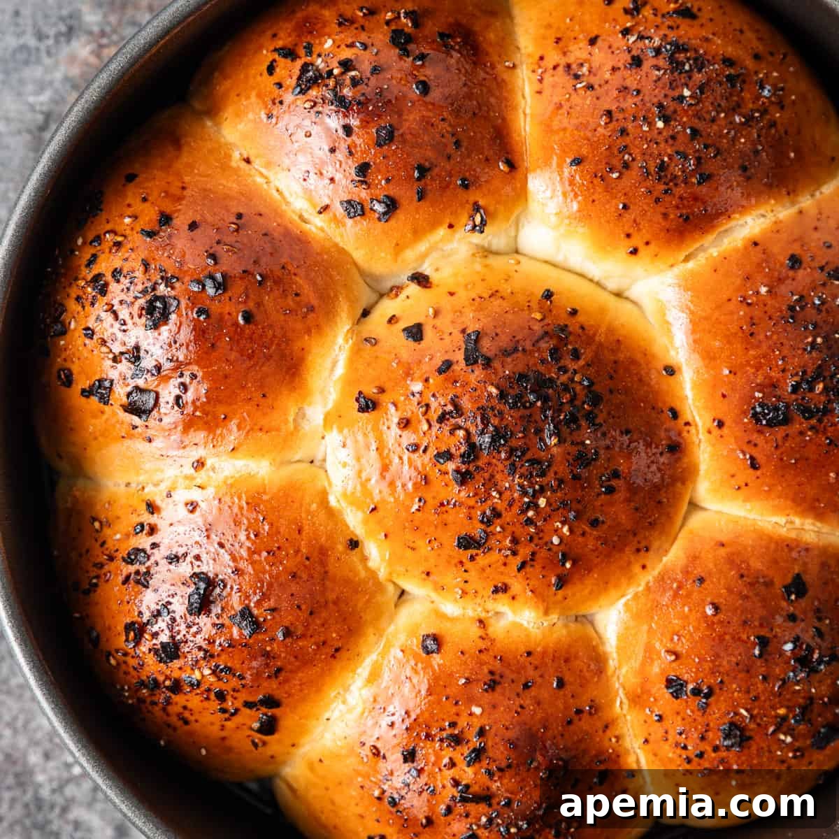 Overhead shot of freshly baked Japanese milk bread rolls generously topped with savory furikake seasoning.