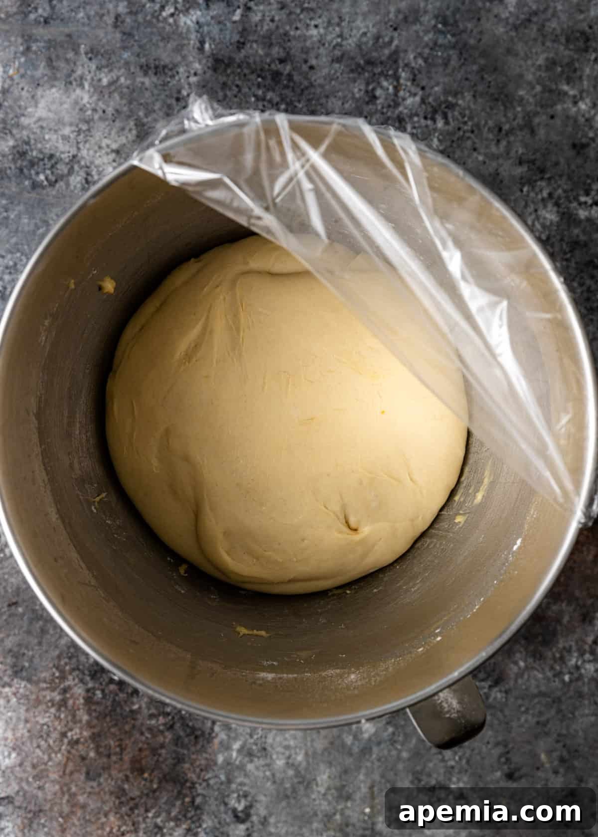 Overhead process shot: Japanese milk bread dough after 1 hour, perfectly doubled in size.