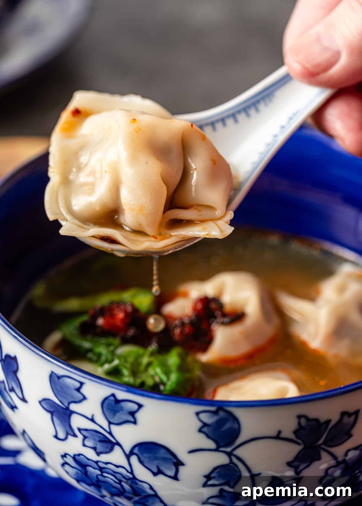 side view: lifting a wonton out of a bowl of wonton soup