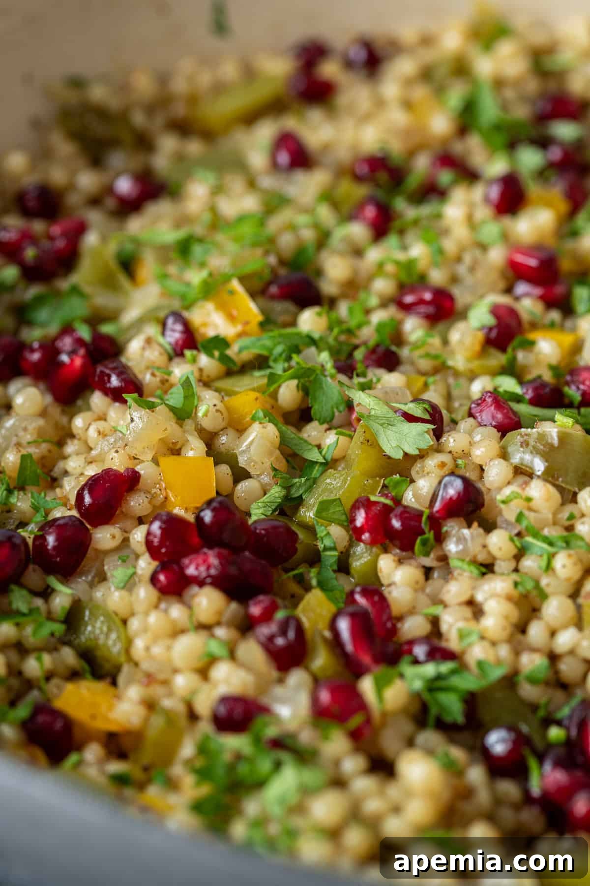 Aromatic Za'atar Couscous and Vibrant Market Vegetables 8 Extreme close-up of a serving of Za'atar Pearl Couscous, garnished with fresh parsley and glistening pomegranate seeds, showcasing its appetizing appeal.