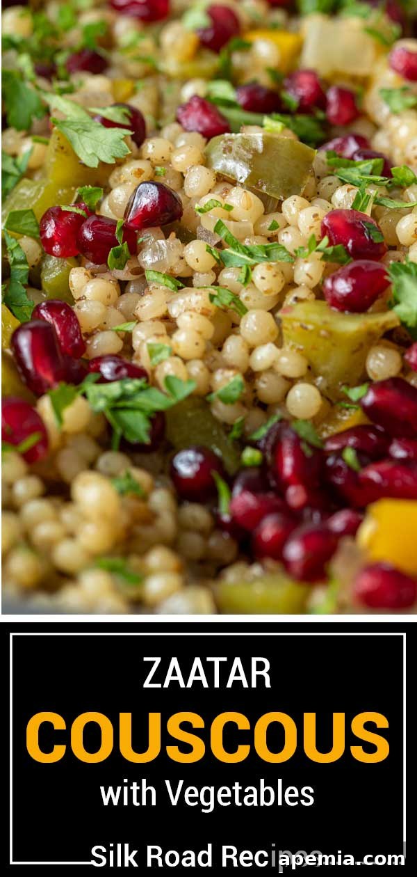Aromatic Za'atar Couscous and Vibrant Market Vegetables 10 A beautifully composed, titled image displaying the finished Za'atar Pearl Couscous with Vegetables, emphasizing its freshness and vibrant colors, perfect for a blog post or social media share.