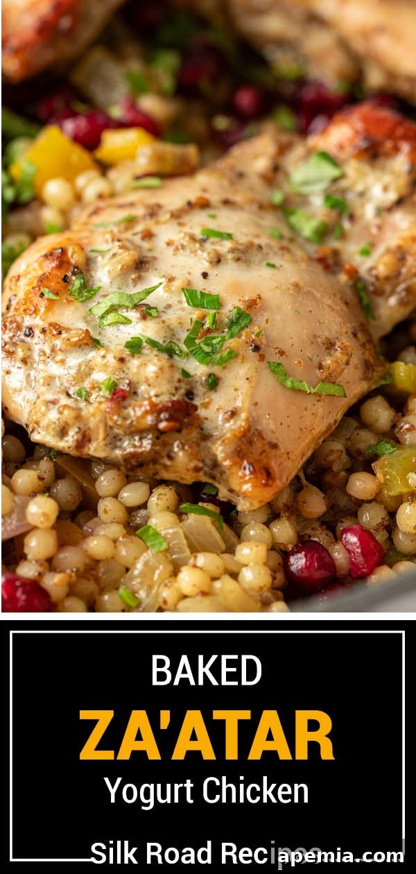 Titled image showing Baked Za'atar Yogurt Chicken, highlighting its Middle Eastern flavors and juicy texture.