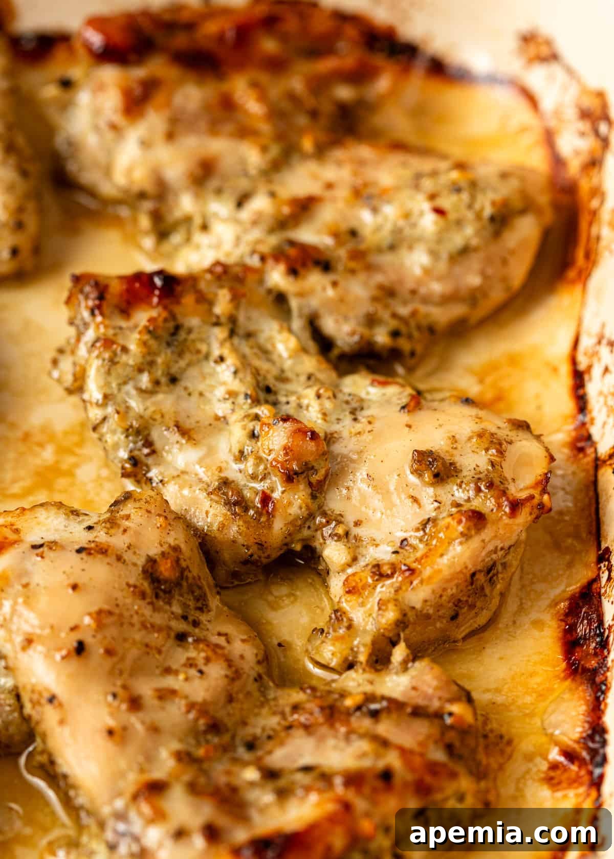 Close-up of za'atar yogurt chicken in a pan, garnished with fresh za'atar spices, highlighting its rich textures and colors.