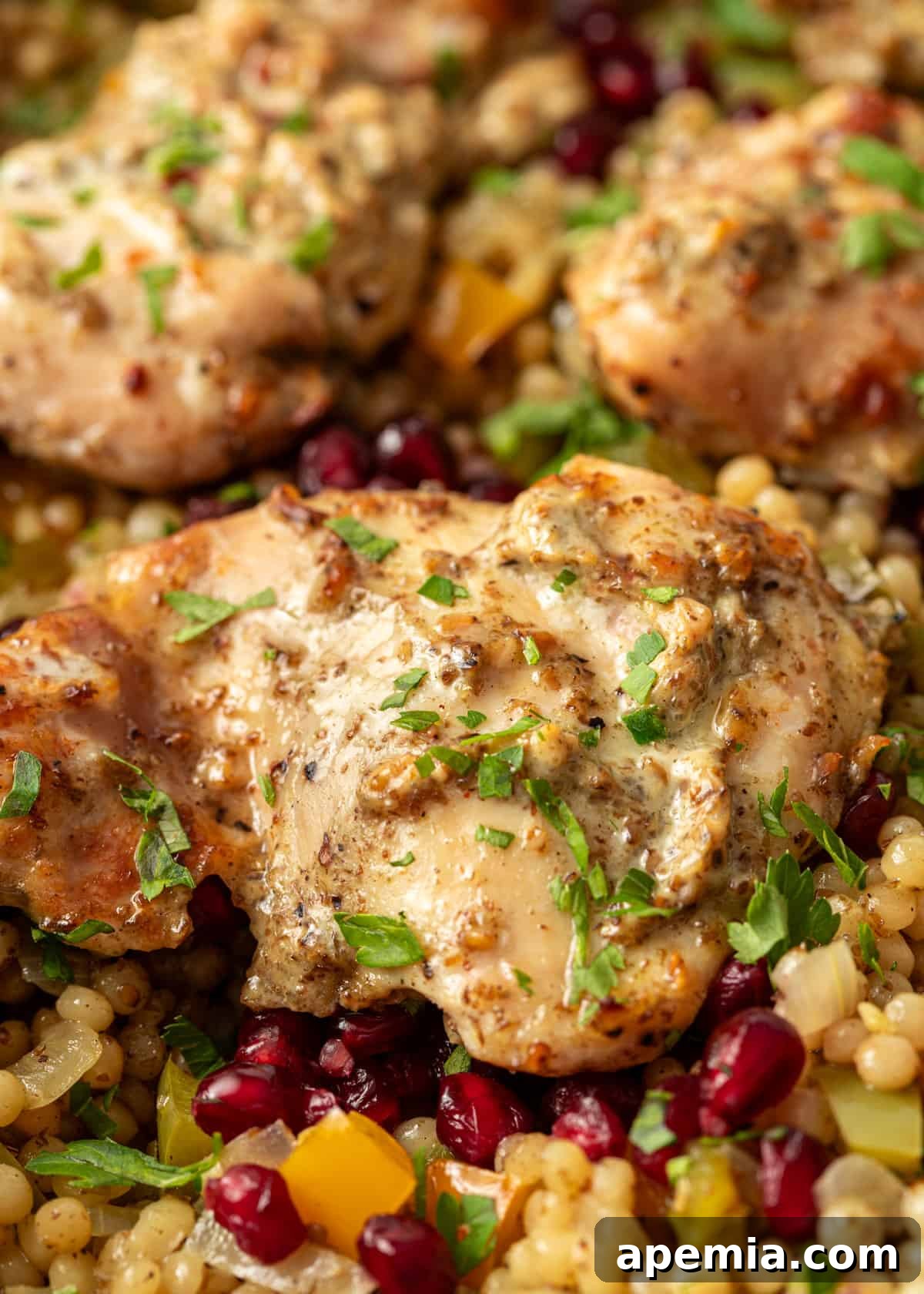 Close-up of za'atar yogurt chicken served over couscous, adorned with fresh herbs, vegetables, and pomegranate seeds.