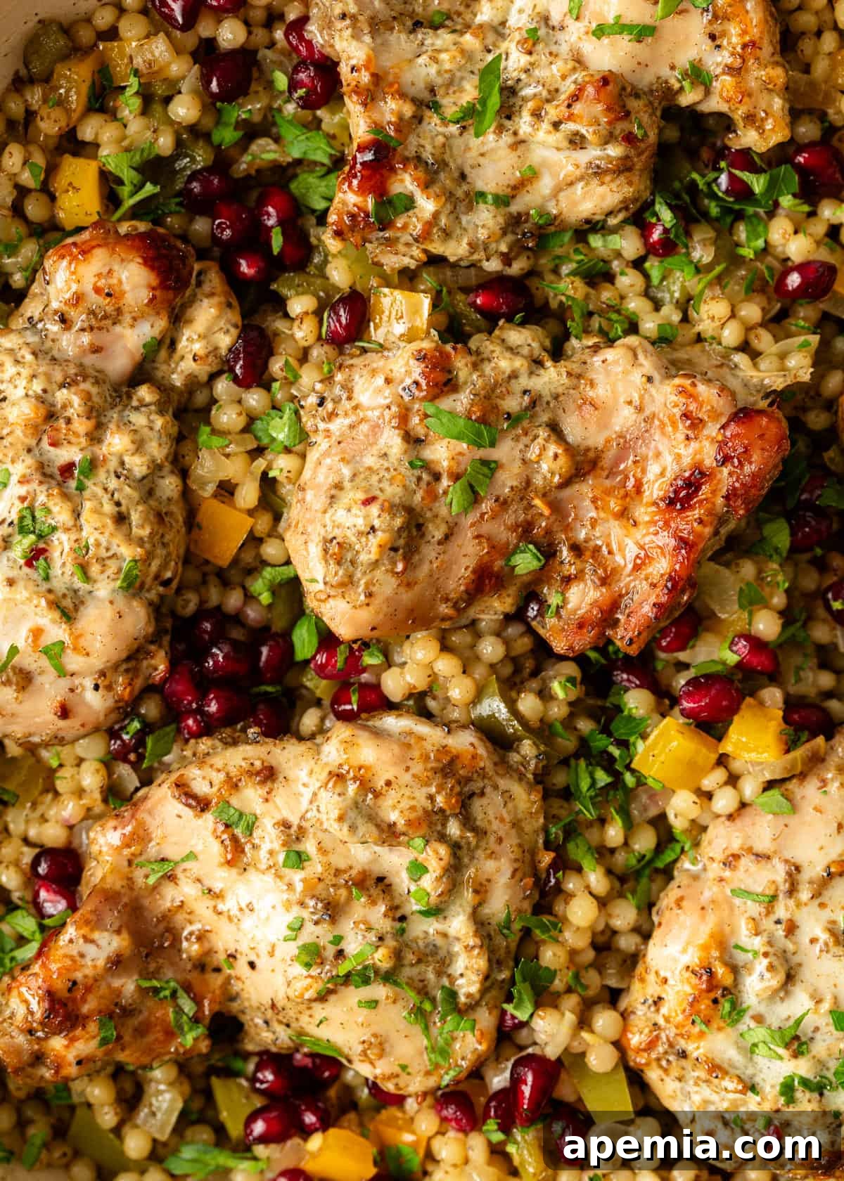 Overhead close-up of baked za'atar yogurt chicken served over couscous with fresh vegetables and pomegranate seeds.