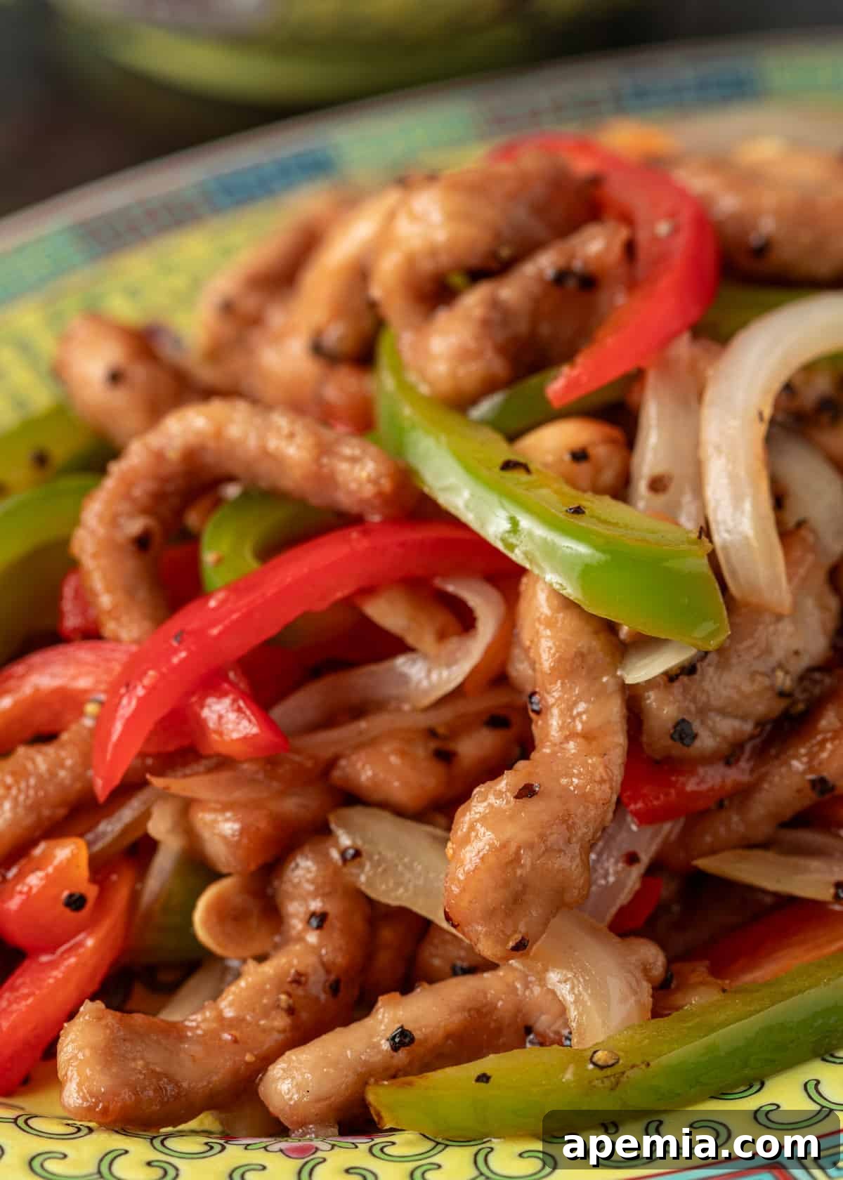 extreme closeup: my vinegar pork stir fry recipe with bell peppers and onions