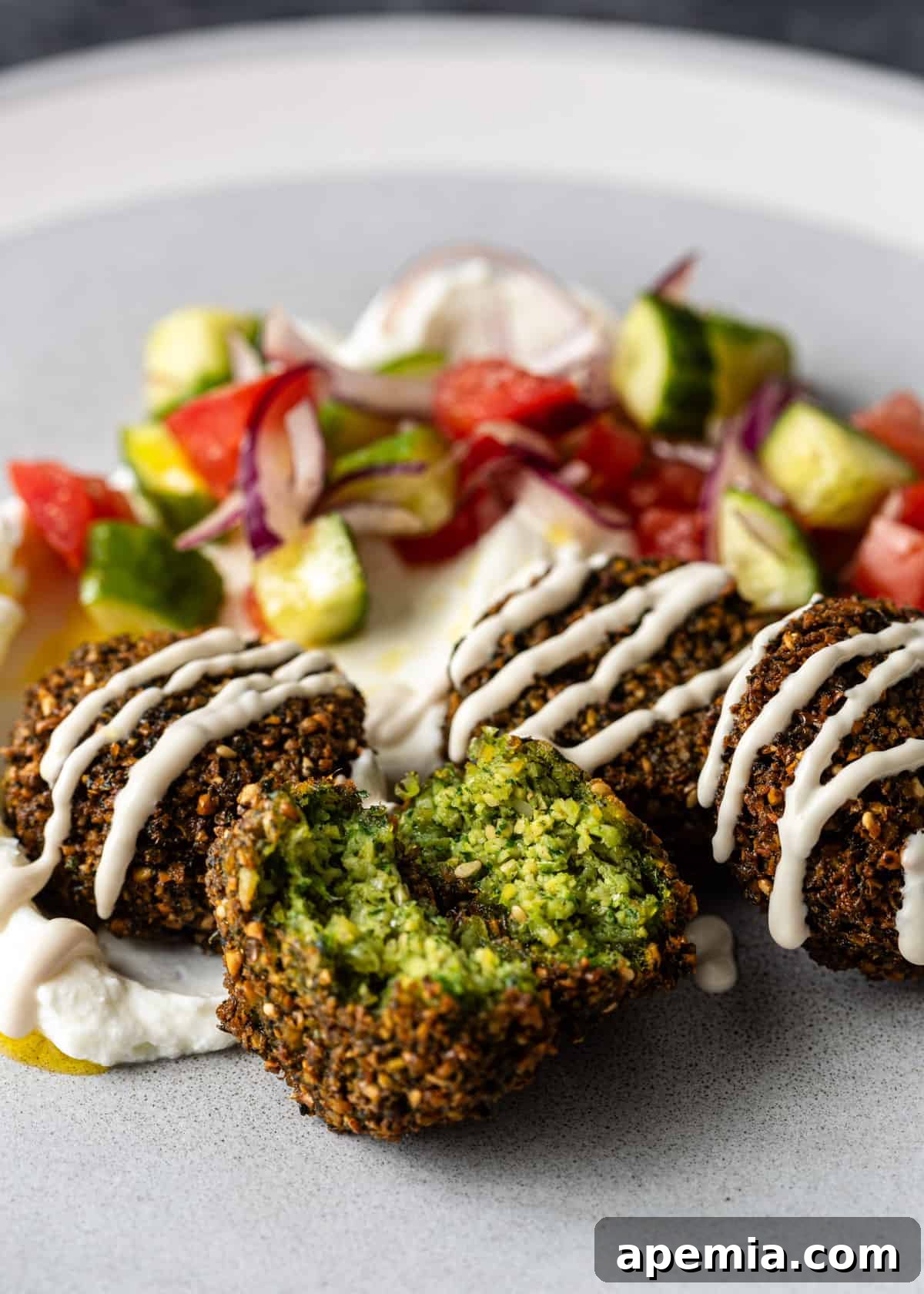 closeup: a plate of ta'ameya with yogurt sauce and chopped vegetables