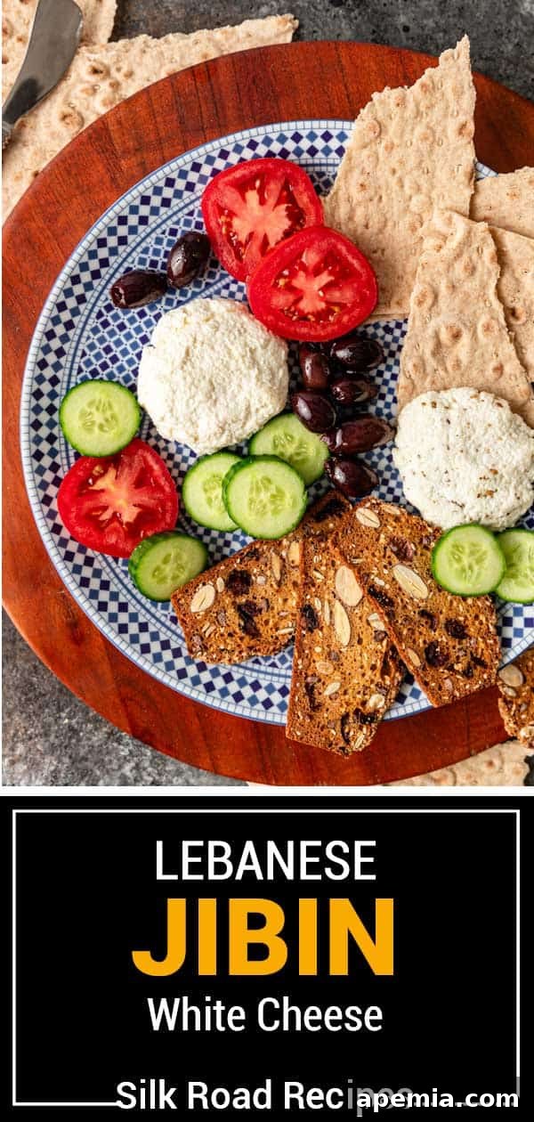 Titled image showing Lebanese Jibin white cheese, highlighting its pristine white appearance and creamy texture.