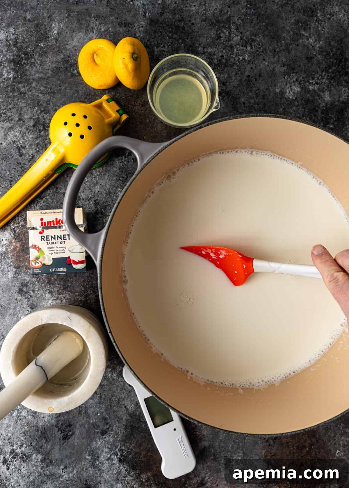 Overhead shot of milk heating in a large pot for Jiban, with other ingredients surrounding it on the counter.