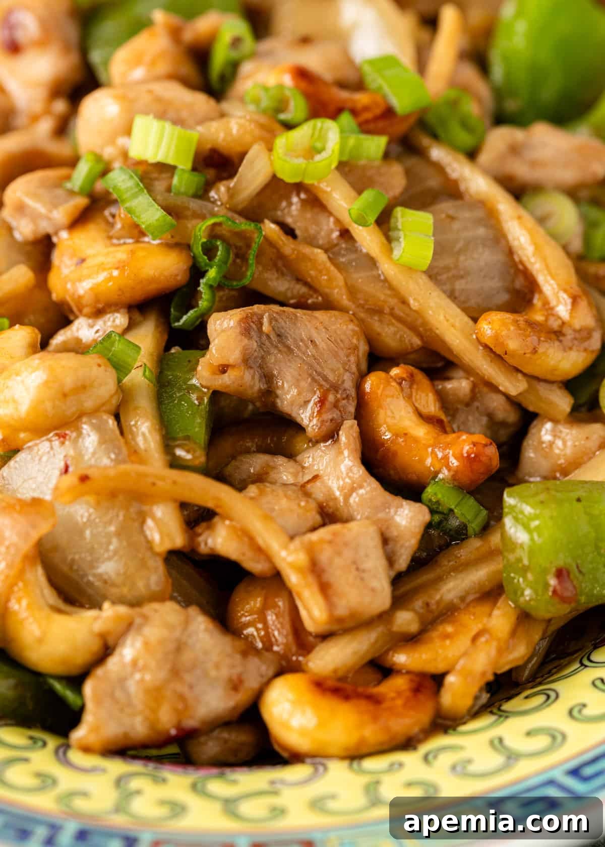 Delicious Cashew Chicken Stir-Fry 9 Extreme closeup of Cashew Chicken with toasted cashews, bright green bell peppers, and fresh green onion garnish