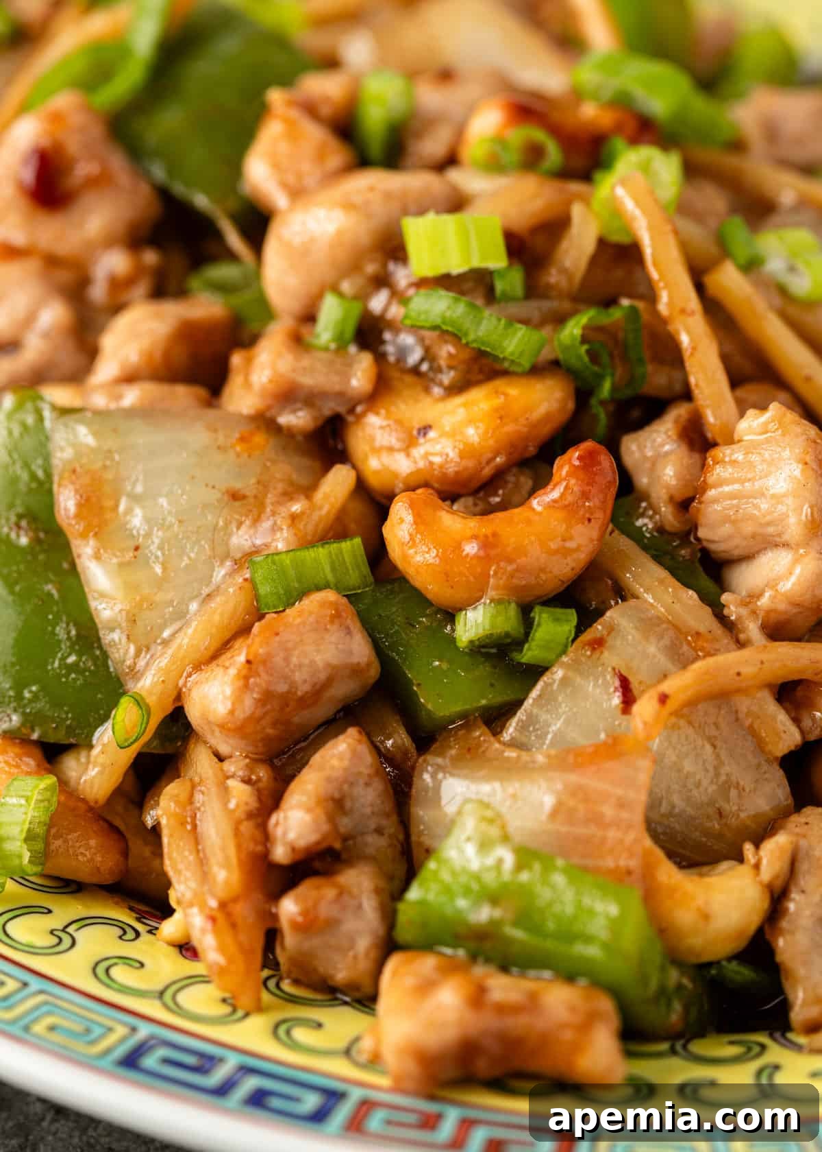 Delicious Cashew Chicken Stir-Fry 10 Extreme closeup of Cashew Chicken showing the rich sauce, crunchy cashews, and fresh green onions
