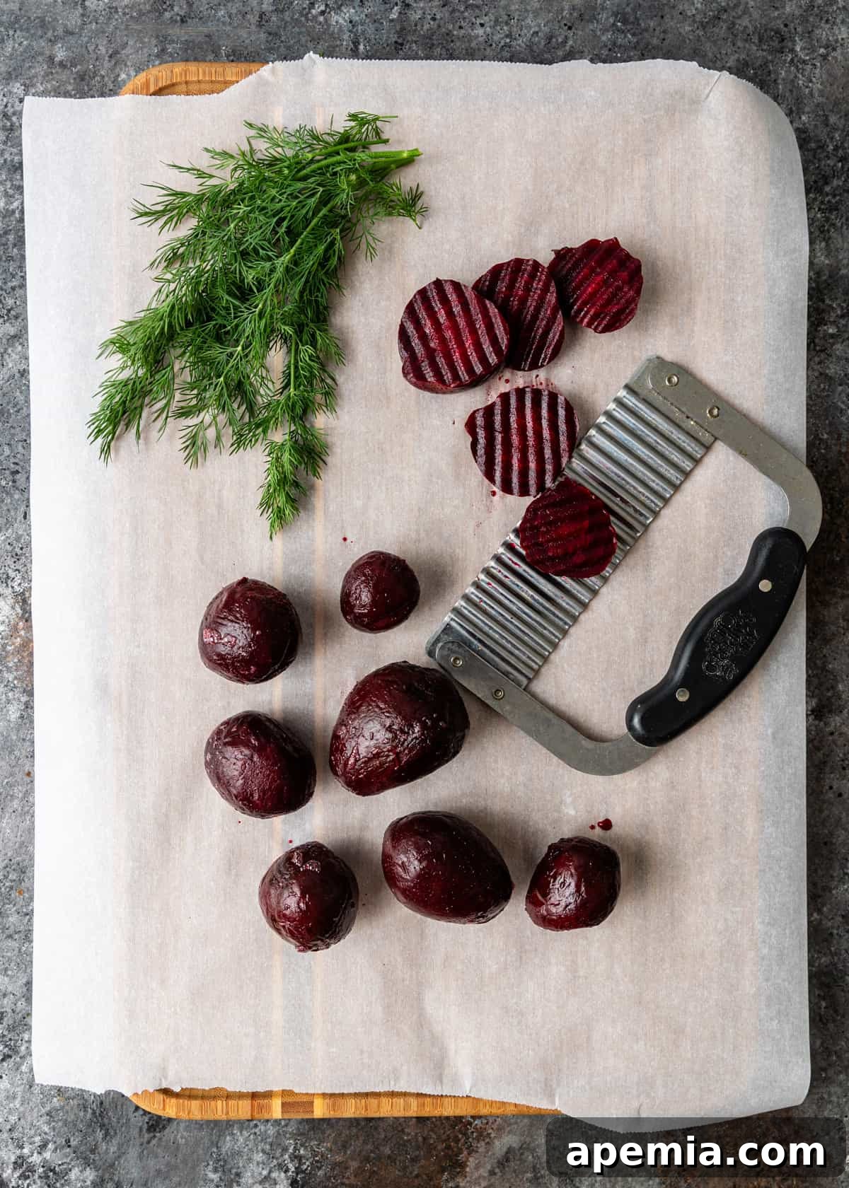 Vibrant Turkish Beet Salad 5 overhead: the process of prepping and slicing cooked beets for Nar Ekşili, ensuring even pieces for the salad