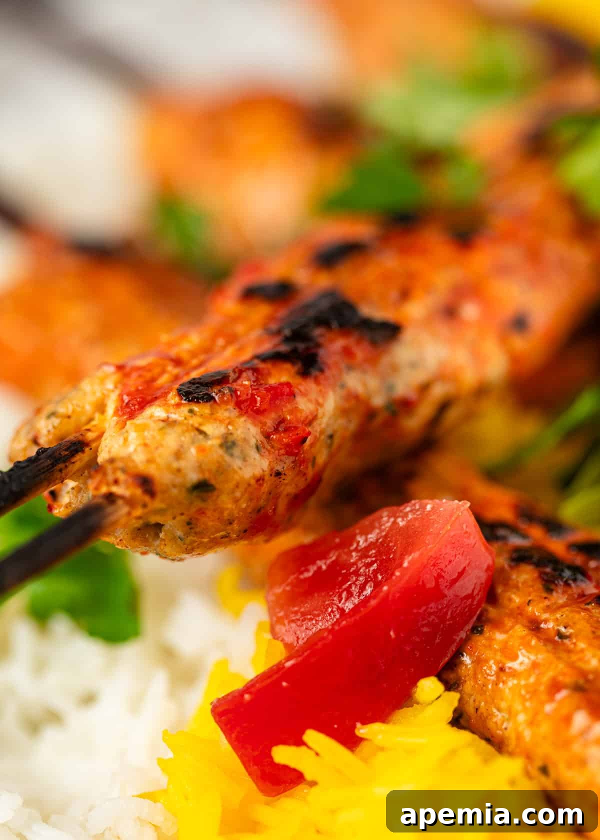 Extreme close-up: my chicken Adana recipe served with fresh vegetables and white rice